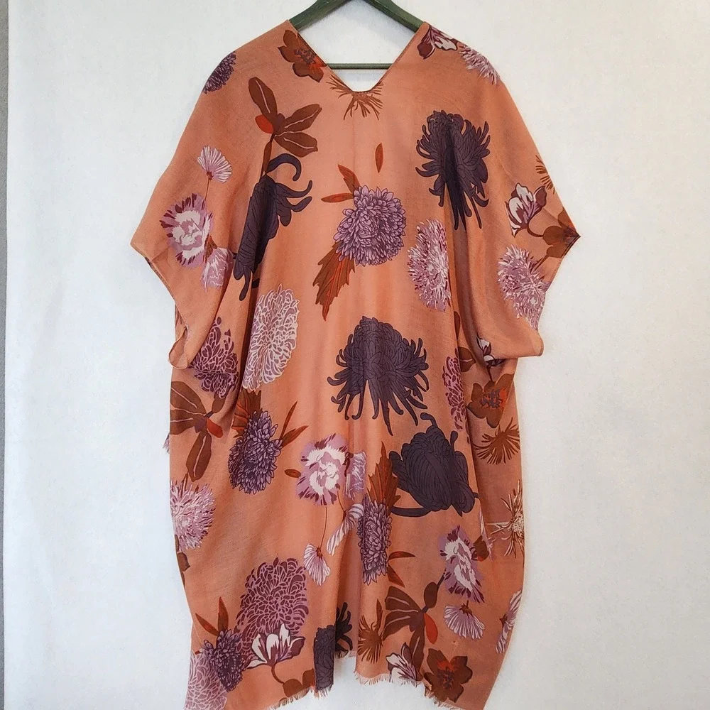 Floral‎ Kimono Wrap Terracotta Orange Purple Botanical Print Chiffon Shrug OS